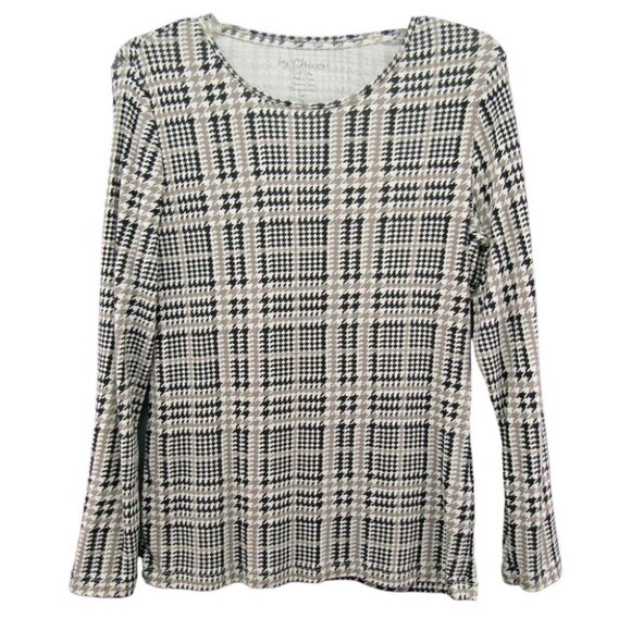 Chicos Plaid Houndstooth Cream Black Taupe Top Size M 1 Long Sleeve 100% Cotton - Picture 1 of 8